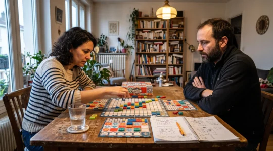 Deux joueurs réfléchissent à leur prochain coup lors d'une partie de jeu de stratégie sur une table en bois dans un salon.