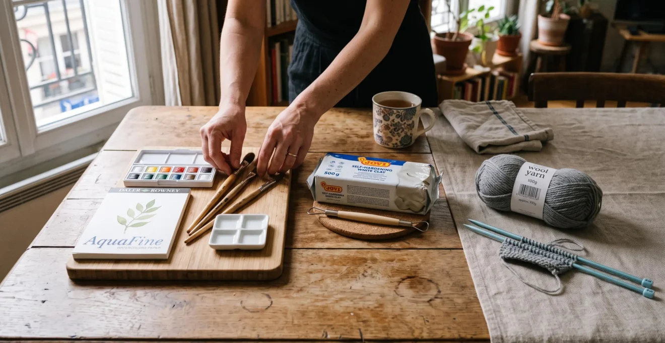 Une table d'appartement présente un kit de démarrage minimal pour plusieurs loisirs créatifs : aquarelle, modelage et tricot, avec des mains rangeant des pinceaux.