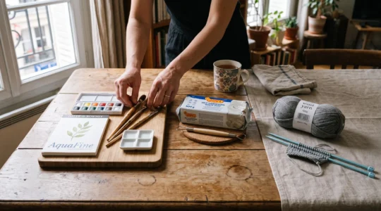 Une table d'appartement présente un kit de démarrage minimal pour plusieurs loisirs créatifs : aquarelle, modelage et tricot, avec des mains rangeant des pinceaux.