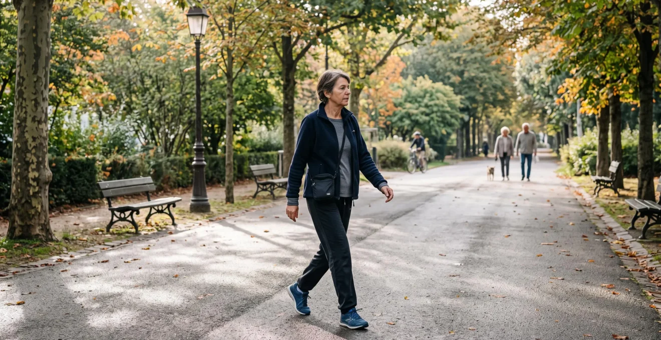 Une femme d'âge mûr marche à un rythme doux sur une allée de parc arborée, en tenue de sport discrète, lors d'une reprise progressive d'activité physique.