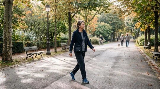 Une femme d'âge mûr marche à un rythme doux sur une allée de parc arborée, en tenue de sport discrète, lors d'une reprise progressive d'activité physique.