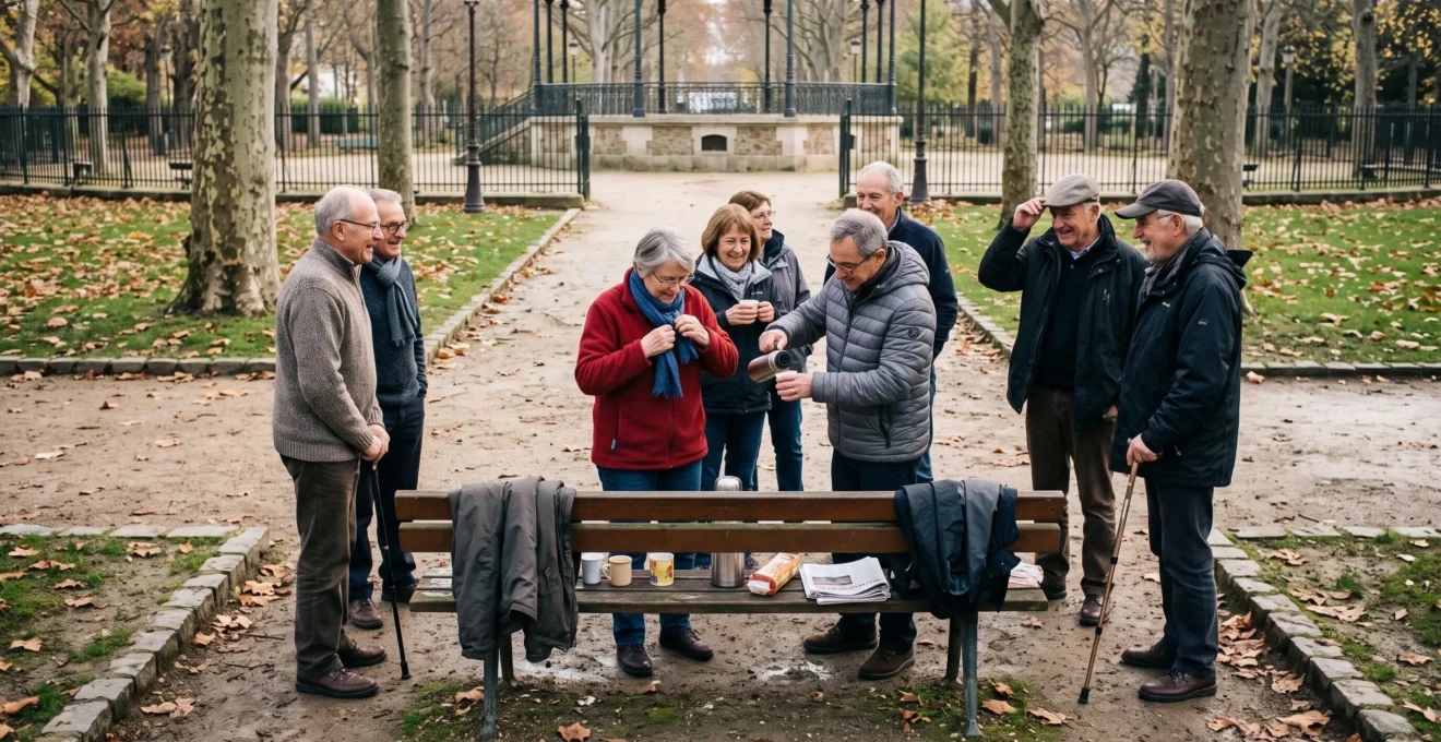 Un groupe de retraités discute autour d'un thermos de café à la fin d'une marche hebdomadaire dans un parc municipal français.