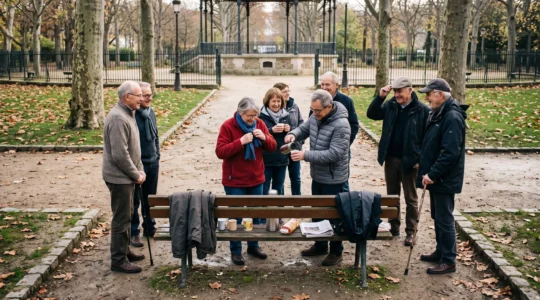 Un groupe de retraités discute autour d'un thermos de café à la fin d'une marche hebdomadaire dans un parc municipal français.