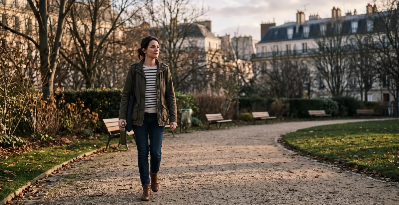 Une femme marche seule sur une allée de gravier dans un parc urbain français en fin de journée, après sa journée de travail.