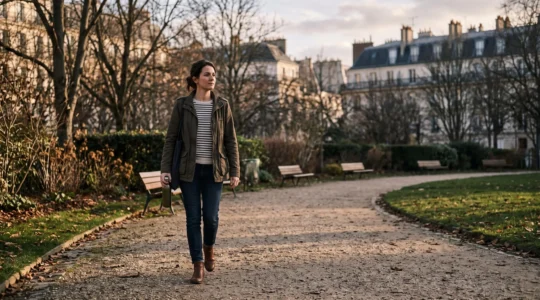 Une femme marche seule sur une allée de gravier dans un parc urbain français en fin de journée, après sa journée de travail.