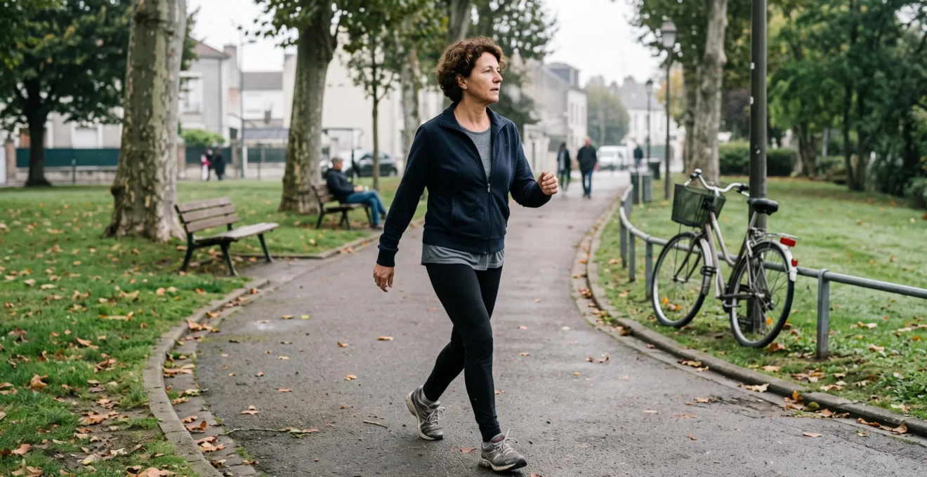 Une personne en tenue sportive marche rapidement sur une allée de parc avec un balancement de bras soutenu, pour reprendre le cardio en douceur.