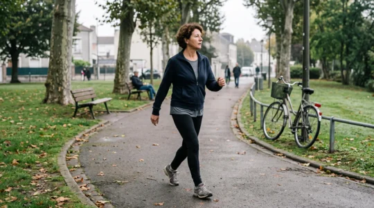Une personne en tenue sportive marche rapidement sur une allée de parc avec un balancement de bras soutenu, pour reprendre le cardio en douceur.