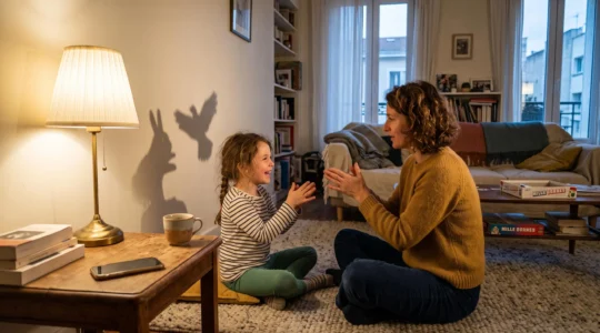 Un parent et un enfant jouent ensemble à des ombres chinoises sur le mur d'un salon, dans la lumière d'une lampe, le téléphone posé à l'écart.