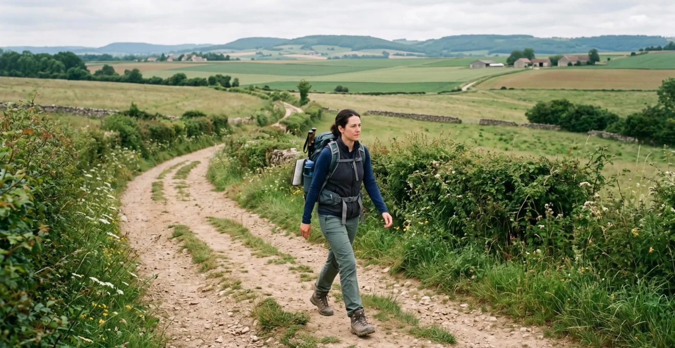 Un randonneur marche sur un sentier de campagne français avec un sac à dos de journée porté sur les deux épaules.