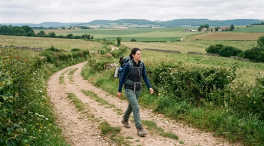 Un randonneur marche sur un sentier de campagne français avec un sac à dos de journée porté sur les deux épaules.