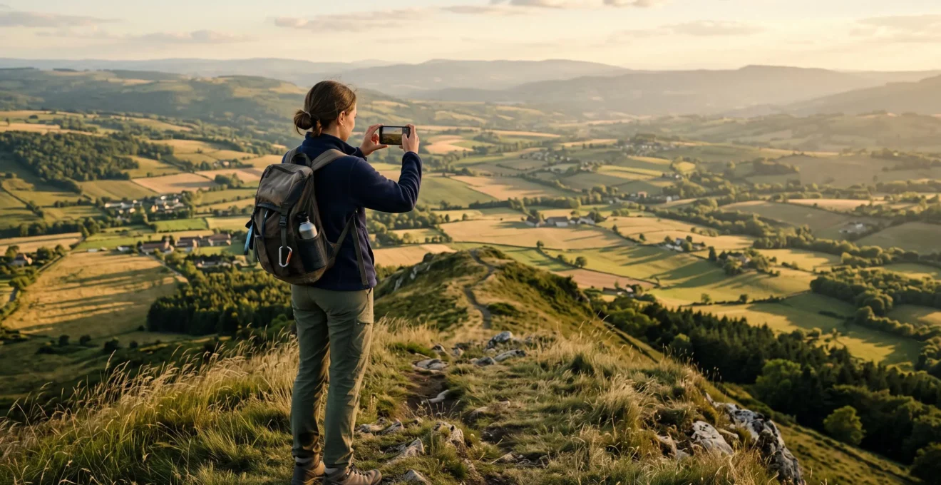 Une randonneuse photographie avec son smartphone une vallée française éclairée par la lumière rasante du soleil couchant.