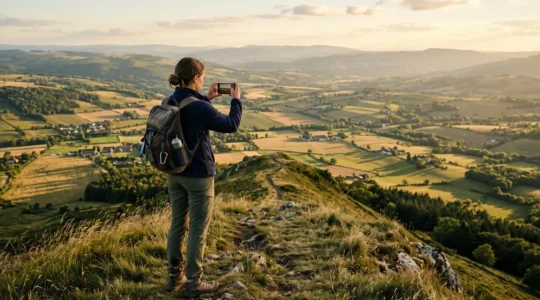Une randonneuse photographie avec son smartphone une vallée française éclairée par la lumière rasante du soleil couchant.