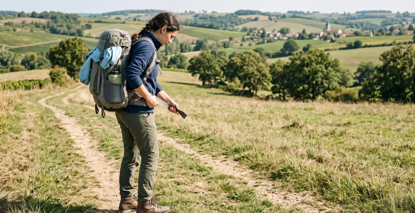 Une randonneuse serre la ceinture de son sac à dos de randonnée sur les hanches avant de poursuivre un sentier de campagne.