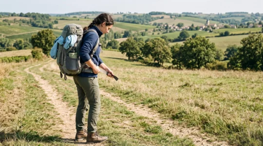 Une randonneuse serre la ceinture de son sac à dos de randonnée sur les hanches avant de poursuivre un sentier de campagne.