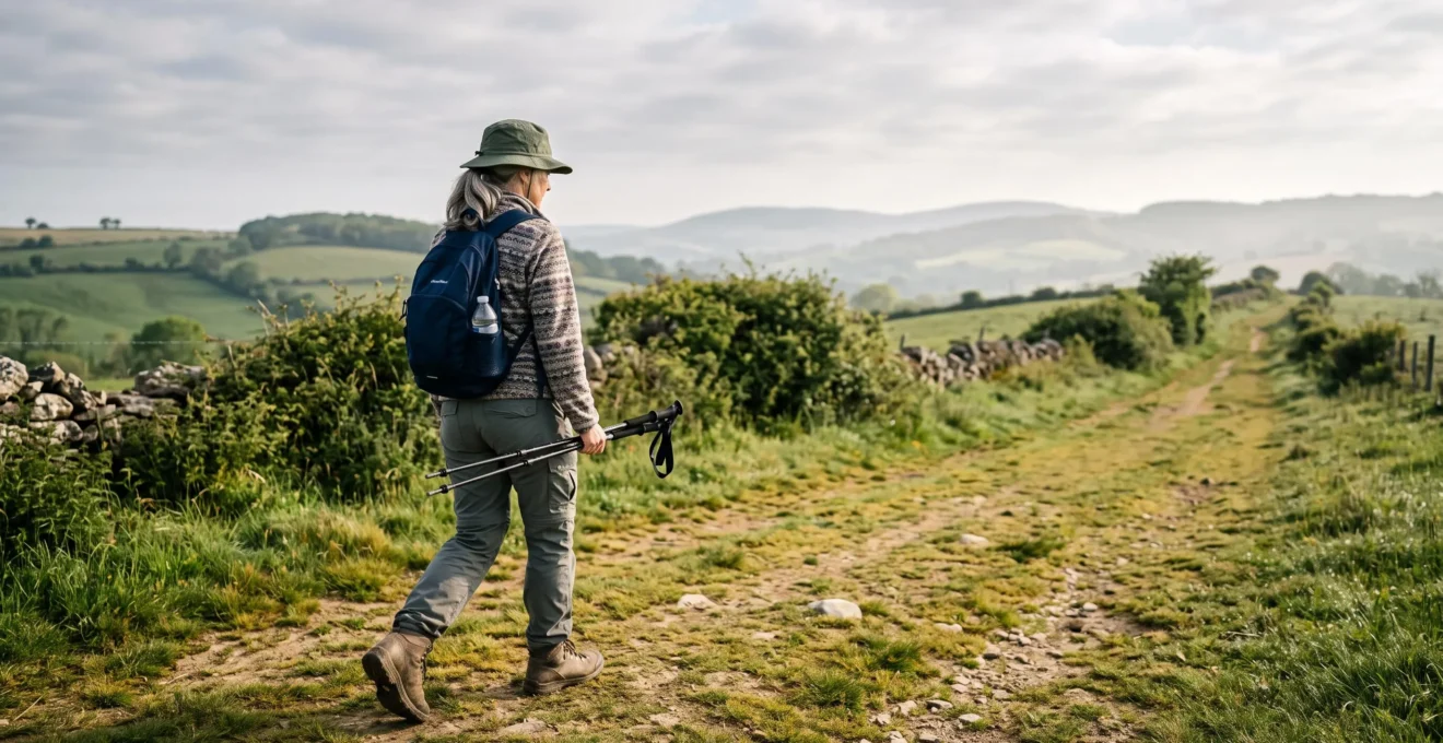 Une randonneuse marche sur un sentier de campagne avec des chaussures de randonnée et un sac léger, dans une lumière du matin.
