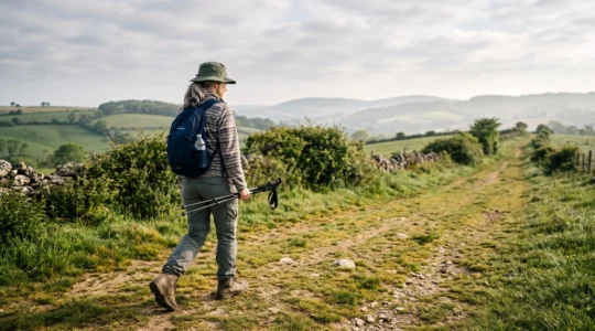 Une randonneuse marche sur un sentier de campagne avec des chaussures de randonnée et un sac léger, dans une lumière du matin.
