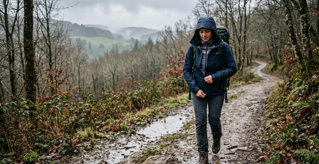 Une randonneuse marche sous la pluie sur un sentier forestier, portant une veste imperméable à capuche avec la fermeture éclair partiellement ouverte pour ventiler.