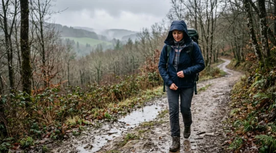 Une randonneuse marche sous la pluie sur un sentier forestier, portant une veste imperméable à capuche avec la fermeture éclair partiellement ouverte pour ventiler.