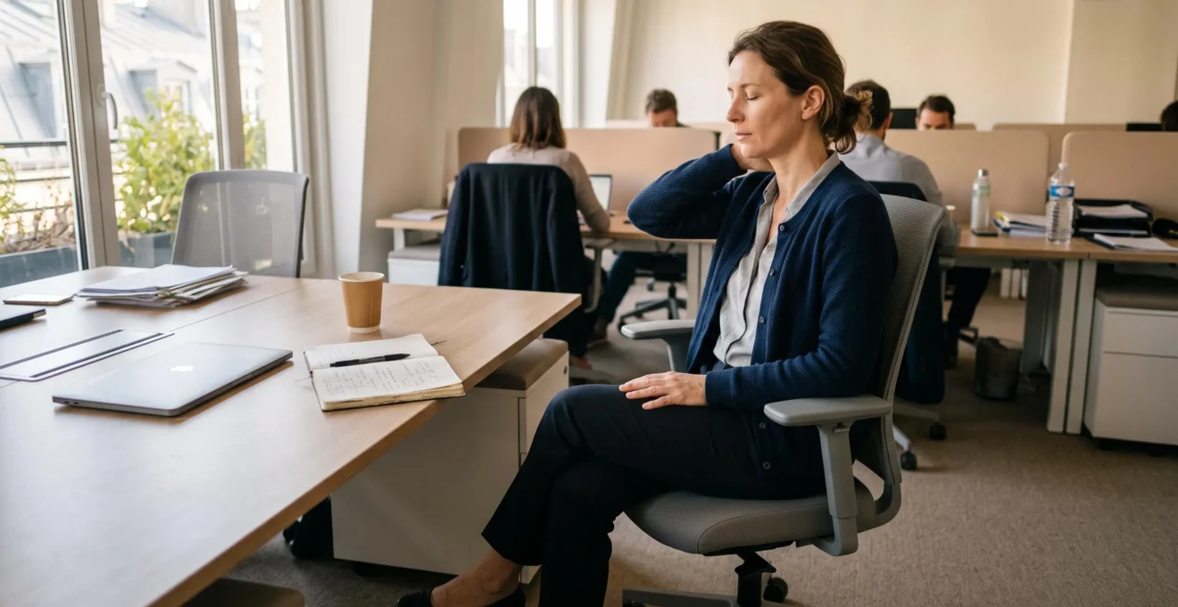 Une salariée assise dans un bureau lumineux ferme les yeux et pose une main sur sa nuque pour prendre conscience des tensions de son corps après une journée de travail.