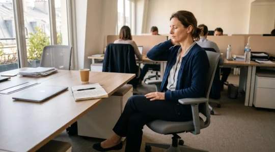 Une salariée assise dans un bureau lumineux ferme les yeux et pose une main sur sa nuque pour prendre conscience des tensions de son corps après une journée de travail.