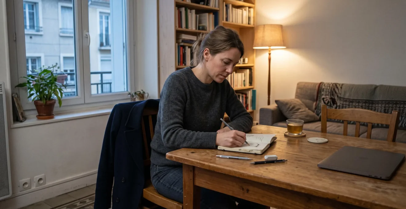 Une femme dessine dans un carnet posé sur la table de son salon en soirée, son ordinateur de travail fermé à côté.