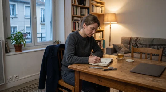 Une femme dessine dans un carnet posé sur la table de son salon en soirée, son ordinateur de travail fermé à côté.