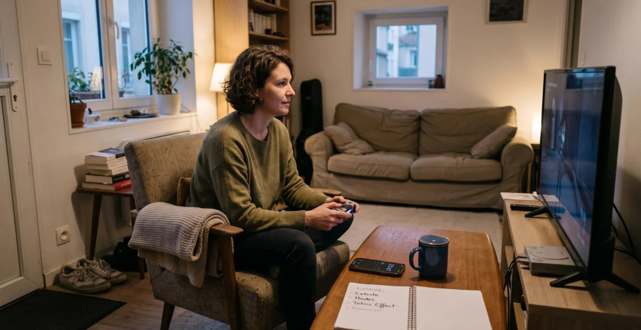 Une personne joue sur une console de salon avec une manette, dans un salon chaleureux, avec un téléphone et un carnet posés sur la table basse.