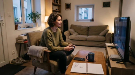 Une personne joue sur une console de salon avec une manette, dans un salon chaleureux, avec un téléphone et un carnet posés sur la table basse.