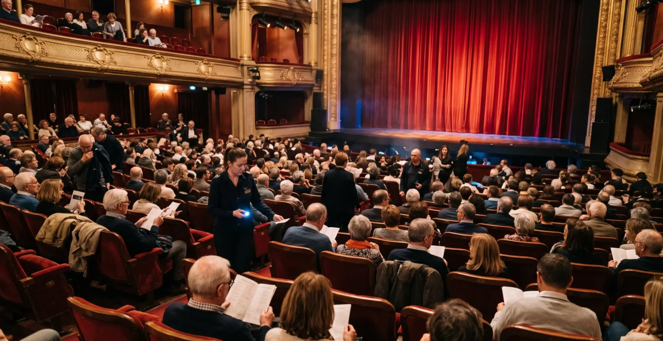 Des spectateurs s'installent dans les fauteuils d'une salle de théâtre pendant qu'un placeur vérifie les billets avant la représentation.
