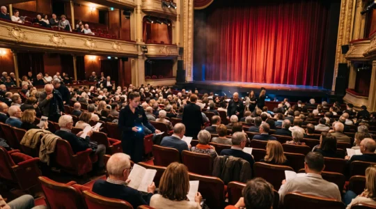 Des spectateurs s'installent dans les fauteuils d'une salle de théâtre pendant qu'un placeur vérifie les billets avant la représentation.