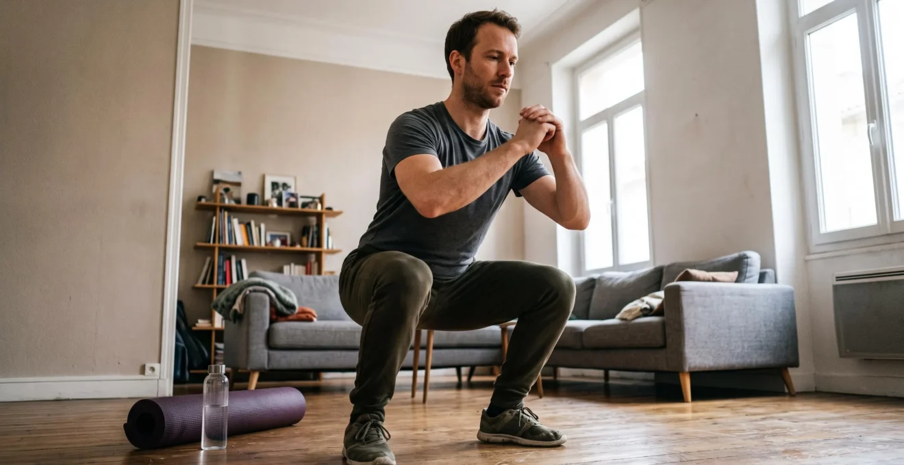 Une personne réalise un squat au poids du corps dans son salon, avec un tapis de yoga roulé et une gourde posés au sol.