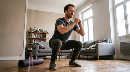 Une personne réalise un squat au poids du corps dans son salon, avec un tapis de yoga roulé et une gourde posés au sol.