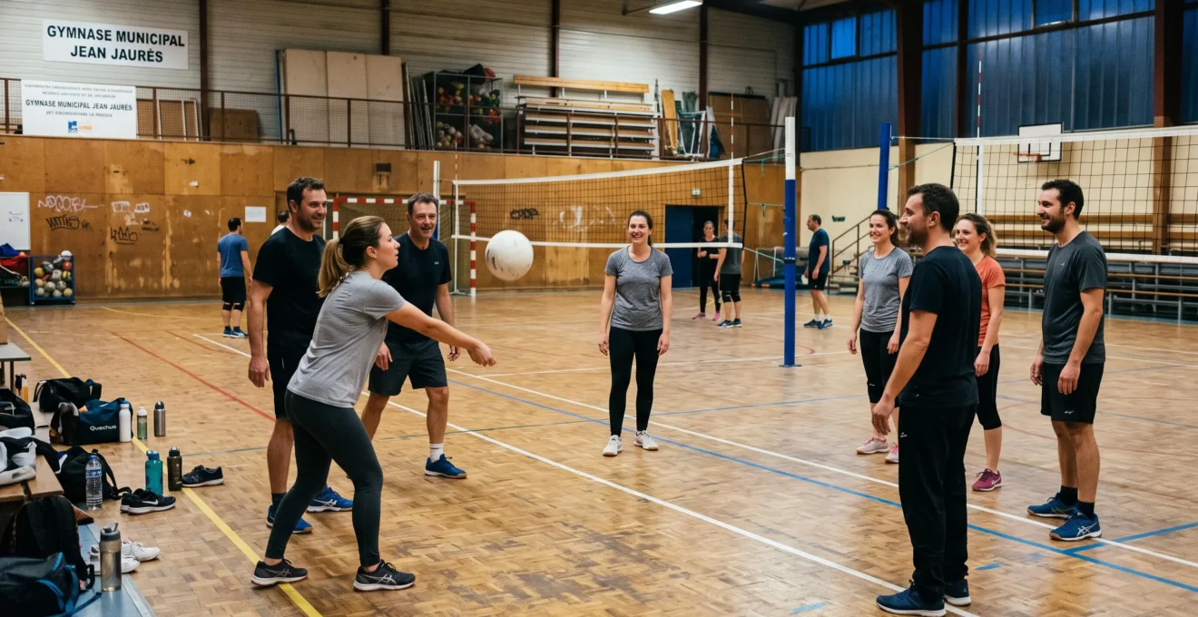 Un groupe d'adultes joue au volleyball lors d'une séance loisirs dans un gymnase municipal, un joueur débutant recevant une passe au premier plan.