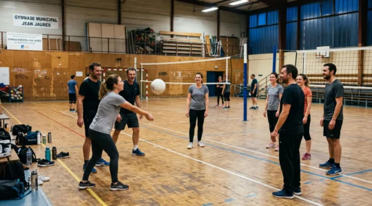 Un groupe d'adultes joue au volleyball lors d'une séance loisirs dans un gymnase municipal, un joueur débutant recevant une passe au premier plan.